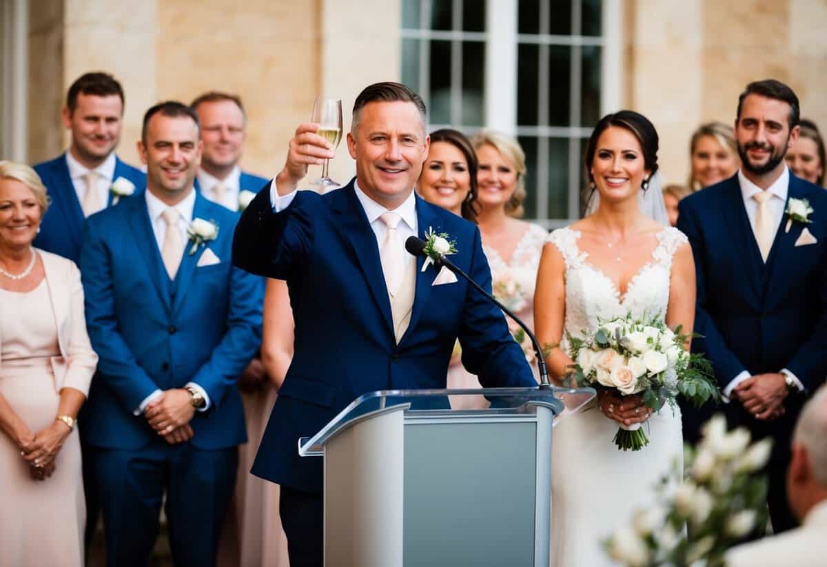 A man stands at a podium, surrounded by wedding guests. He raises a glass and speaks, while the bride and groom look on with smiles