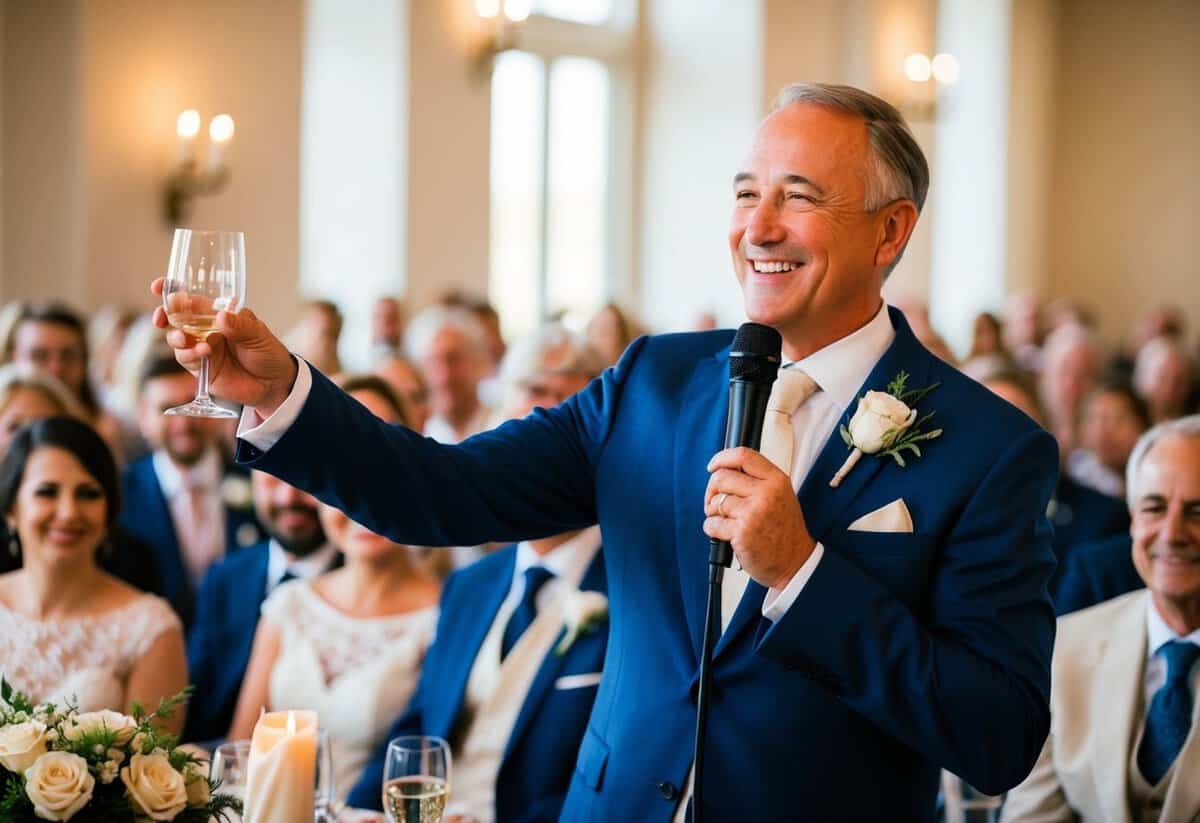 A smiling father stands at a microphone, raising a glass in a room filled with wedding guests. He gestures warmly as he delivers a heartfelt toast