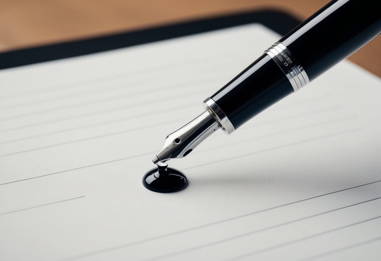A pen poised over a blank page, with a single drop of ink forming a perfect circle on the paper