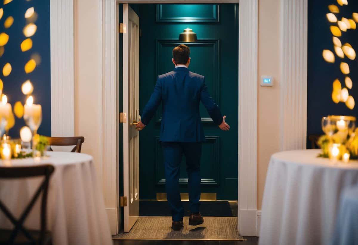 A person standing at a party entrance, politely declining a guest's request to bring a plus one