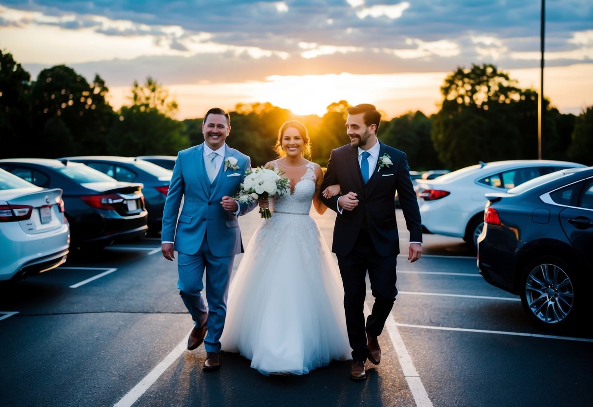 Guests exiting a wedding reception, the sun setting in the background, cars lined up in the parking lot, and a sense of anticipation for the evening ahead