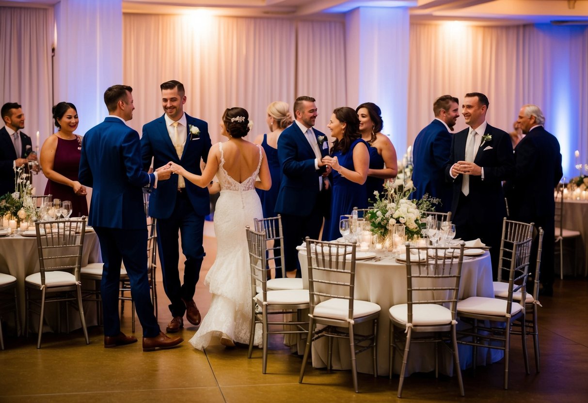 Guests exiting a wedding reception early, with empty chairs and tables, dimmed lights, and a few remaining attendees chatting