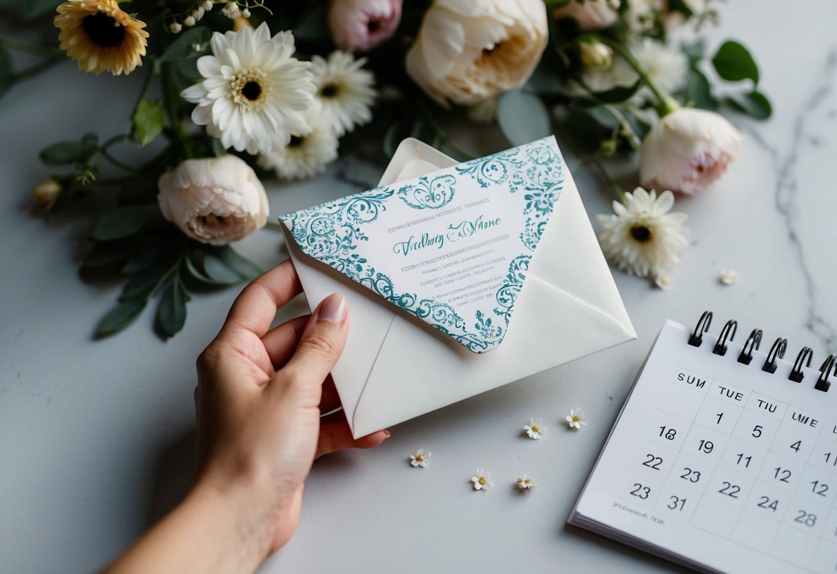 A hand holding a sealed envelope with a decorative wedding invitation, surrounded by flowers and a calendar showing the date of the wedding