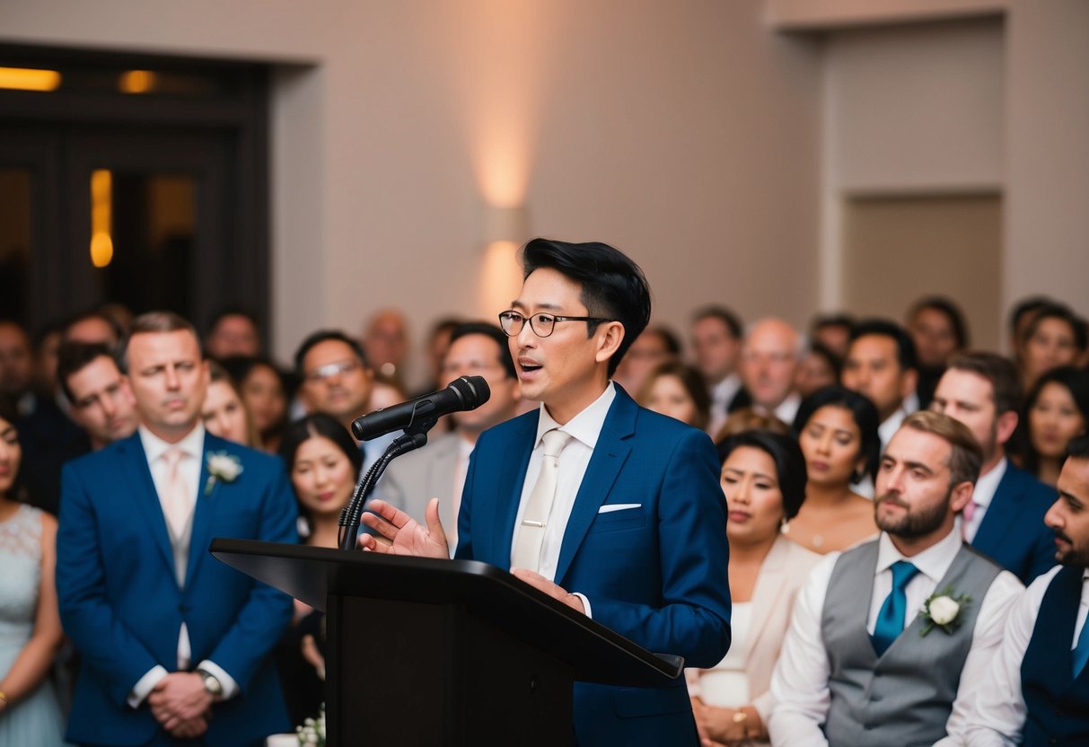 A person standing at a podium in front of a crowd, speaking at a wedding reception. The crowd is listening attentively, with various emotions on their faces