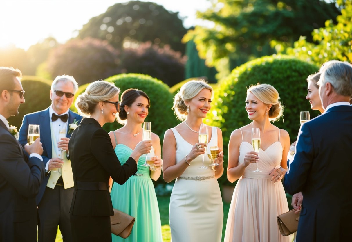 Guests in elegant attire mingle in a sunlit garden, sipping champagne. A string quartet plays softly as the late afternoon sun casts a warm glow over the scene