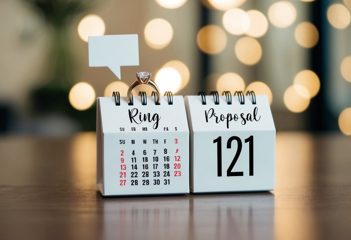 A calendar with a ring on the proposal date and a wedding date marked a few months later