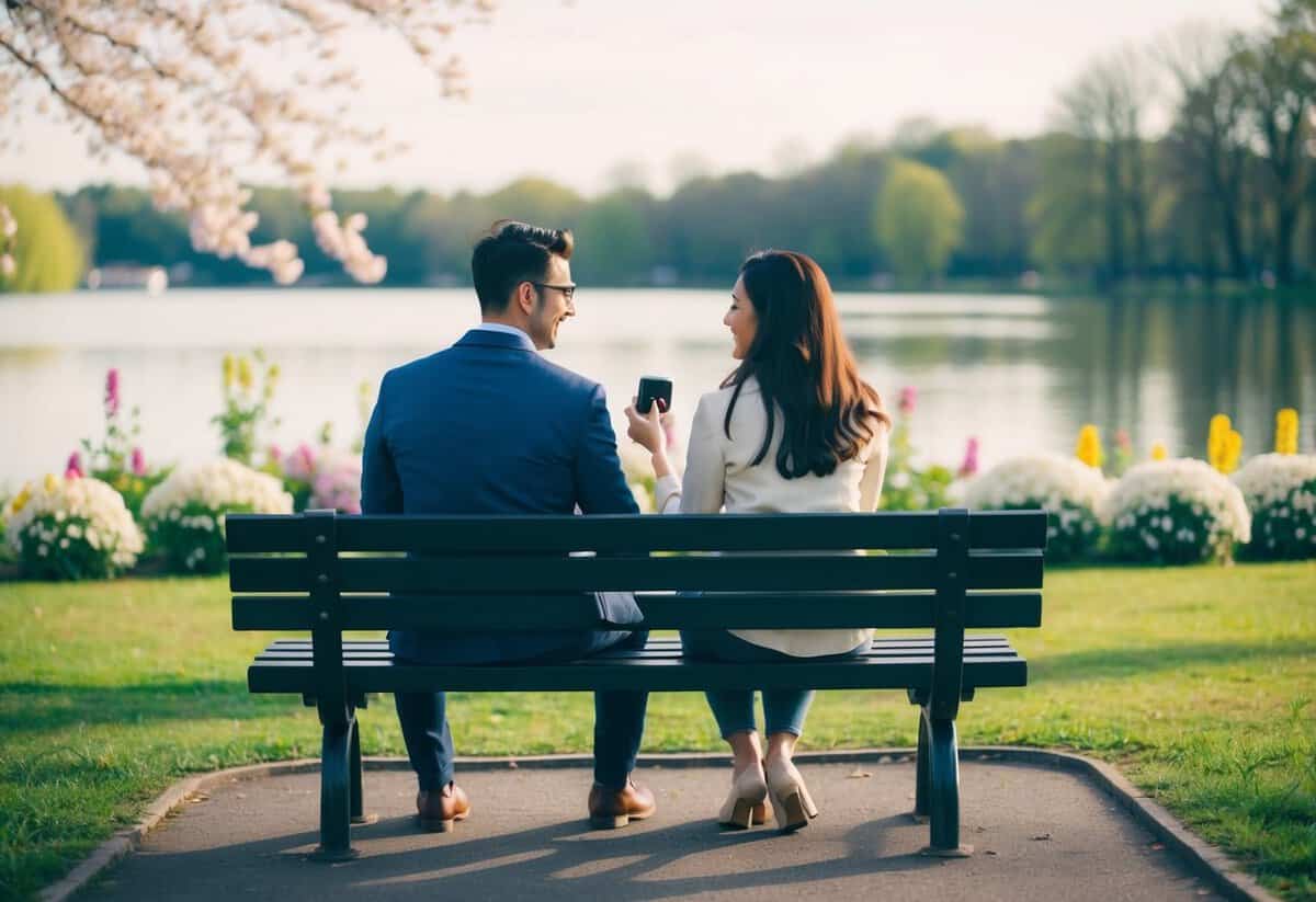 A couple sitting on a park bench, surrounded by blooming flowers and a serene lake, one person holding out a small box with a ring inside