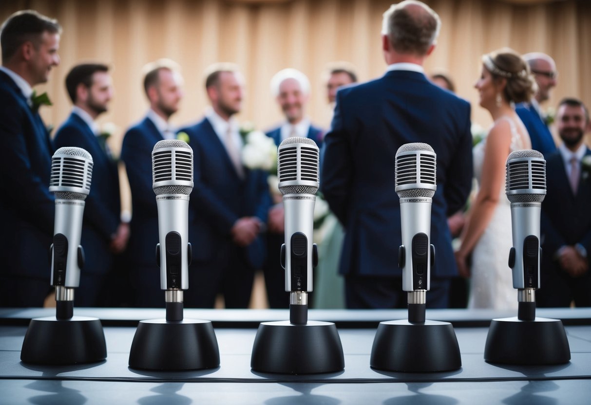 A group of microphones arranged on a stage, with varying heights and positions, symbolizing the different individuals giving speeches at a wedding