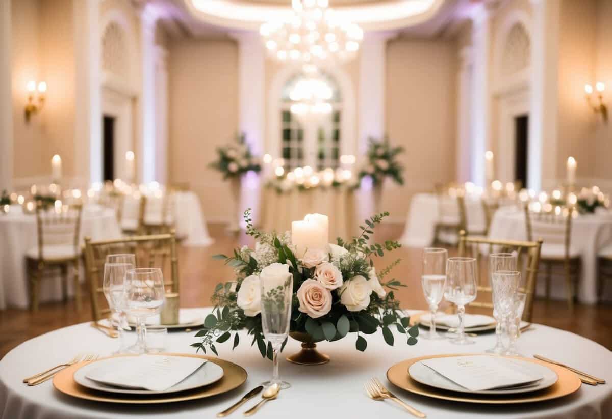 A table for two in a softly lit, elegant reception hall, adorned with flowers and candles