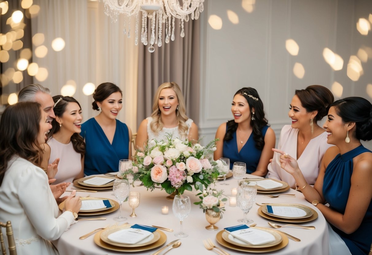 A table set with floral centerpieces and elegant place settings, surrounded by excited friends and family members discussing bridal shower plans