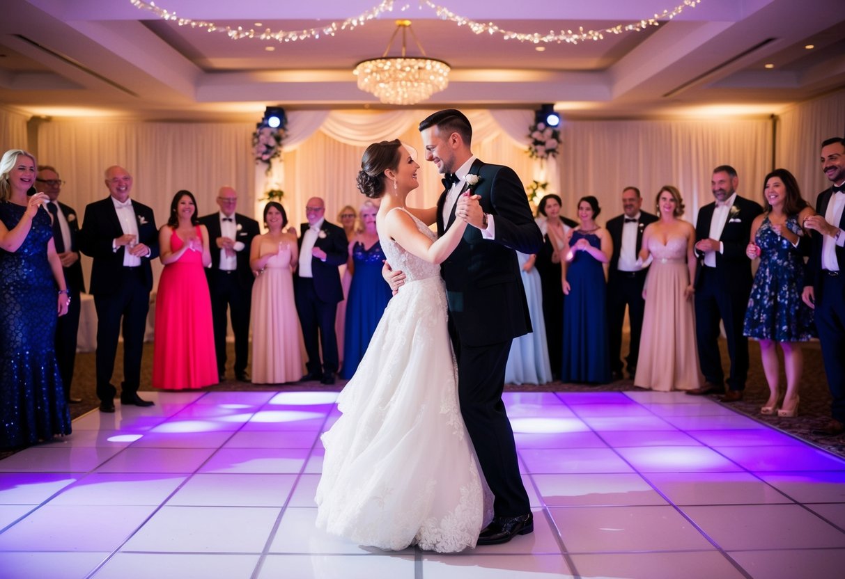 A couple dancing on a decorated dance floor surrounded by friends and family, with soft lighting and romantic atmosphere