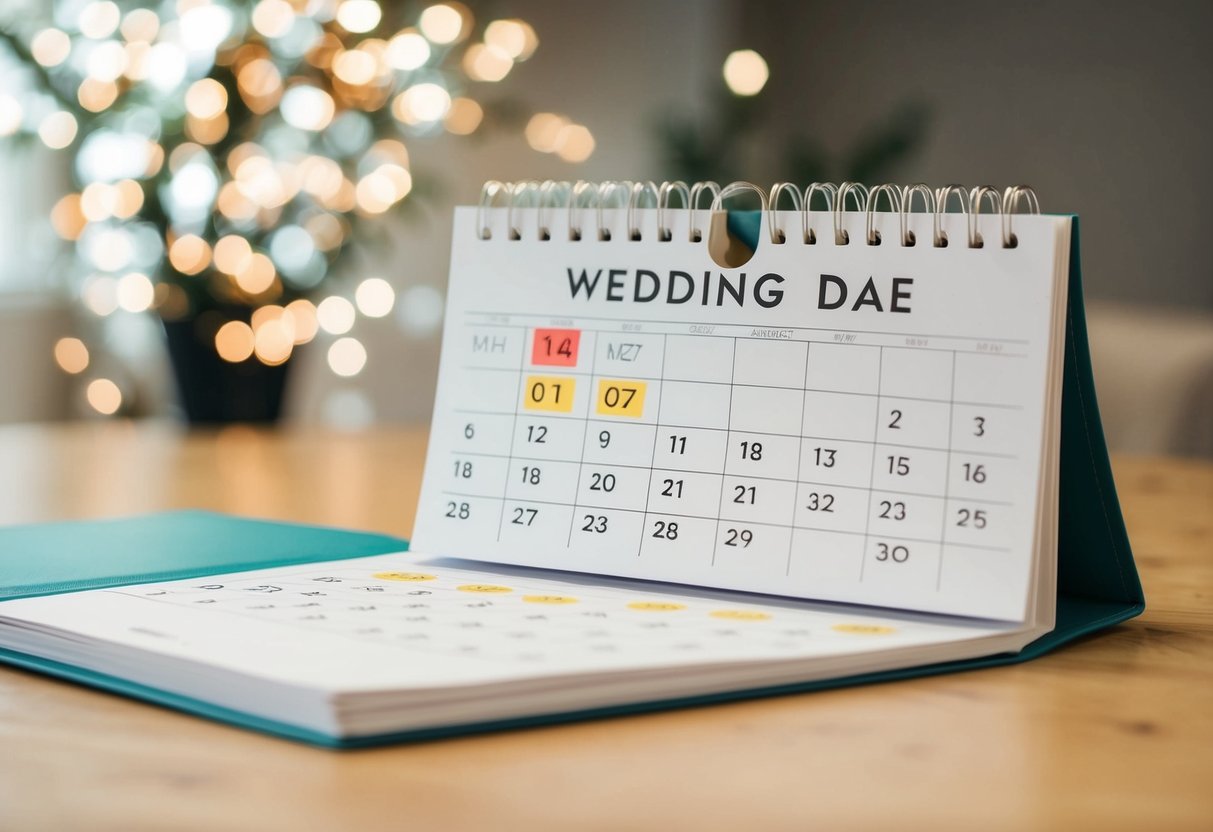 A calendar with a wedding date marked and days off highlighted