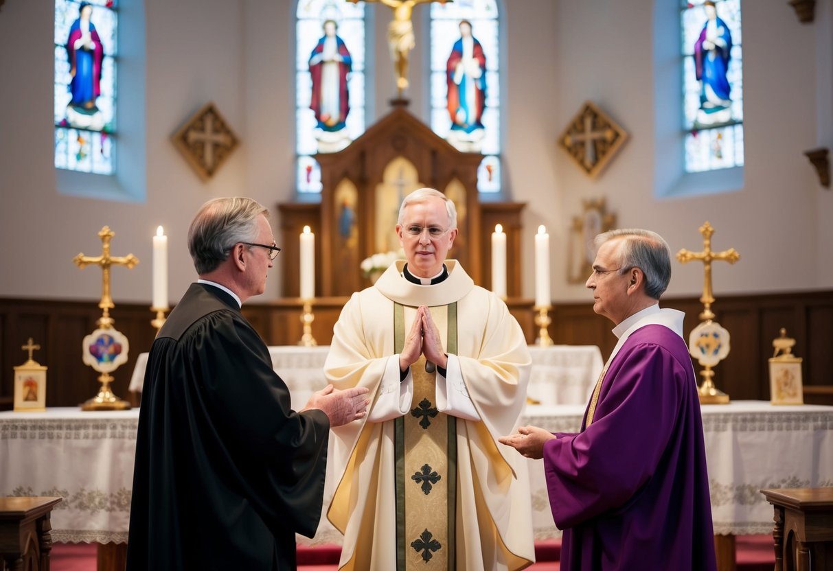 A serene church interior with a figure being ordained by a clergy member, surrounded by symbolic religious items and decor