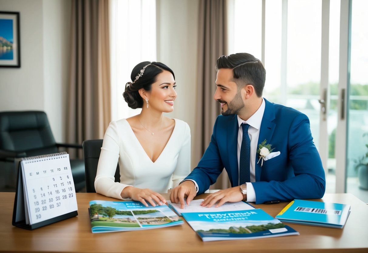 A couple sitting at a desk with a calendar and travel brochures, discussing and planning their wedding trip