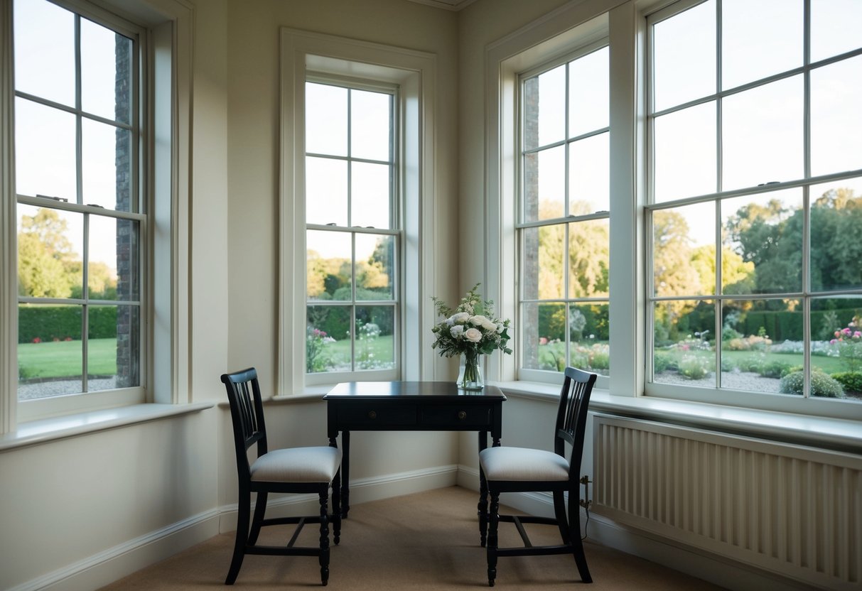 A simple, elegant registry office with a small desk, two chairs, and a large window overlooking a garden
