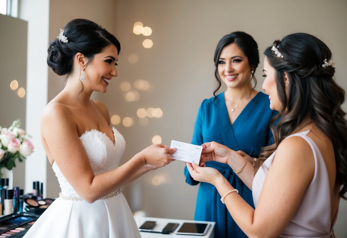 A bride handing over payment to a hairstylist and makeup artist for bridesmaid services