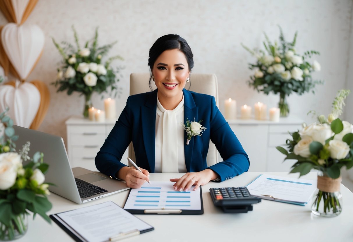 A wedding coordinator sitting at a desk with a laptop, calculator, and paperwork, surrounded by wedding decor and planning materials