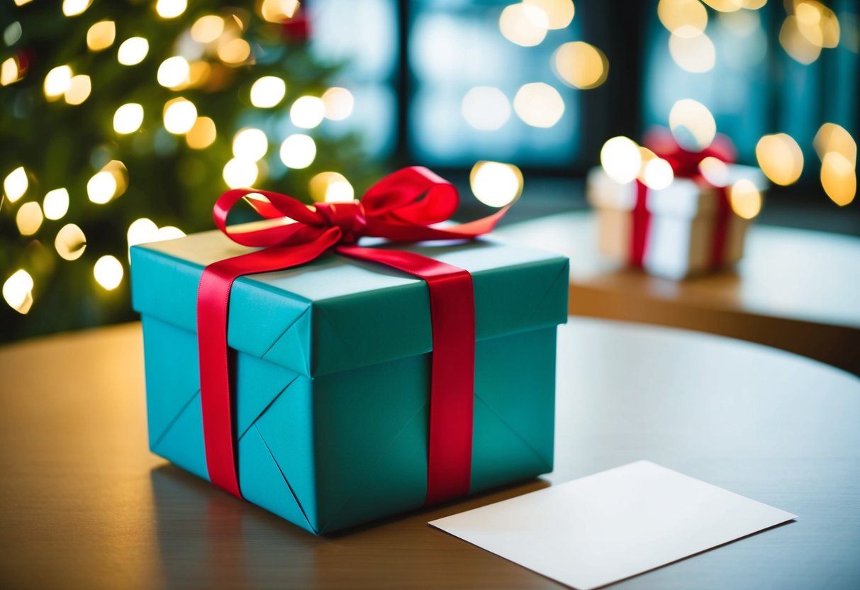 A beautifully wrapped gift box with a ribbon and bow, placed on a table with a card attached
