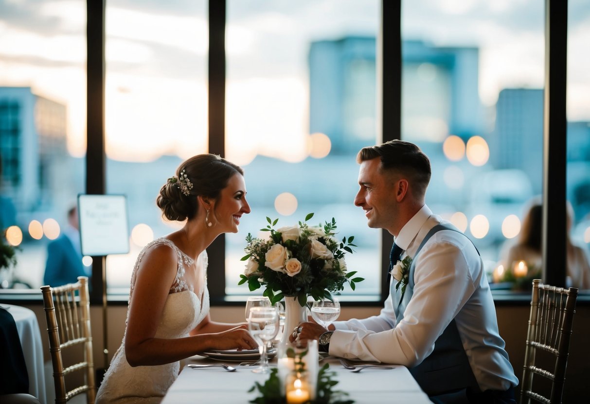 A couple sits across from each other at a wedding table