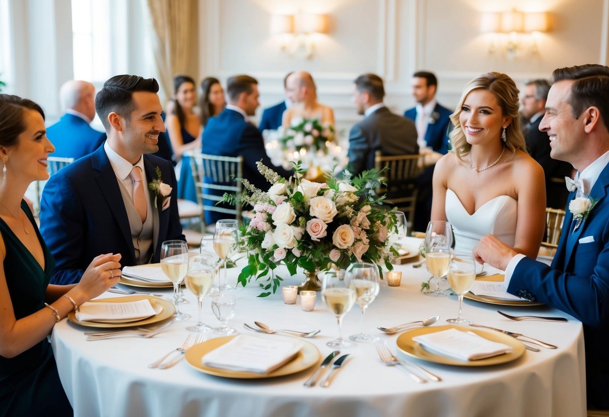 A round table with elegant place settings, adorned with floral centerpieces. Couples sit next to each other, engaged in lively conversation