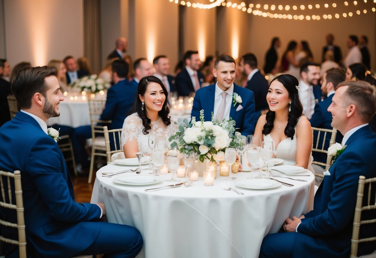 Couples sit next to each other at round tables, chatting and enjoying the wedding reception