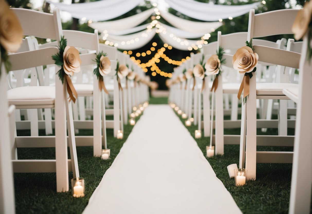 A wedding aisle lined with simple white fabric, adorned with handmade paper flowers and twinkling string lights