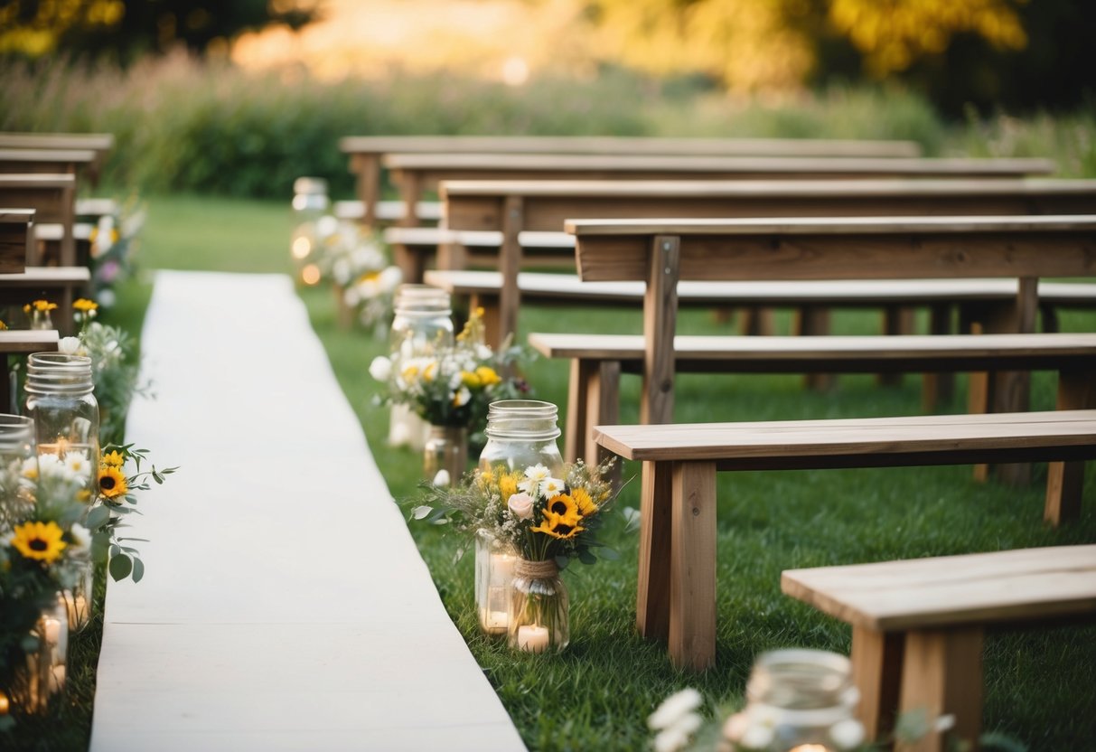 A rustic wedding aisle with simple wooden benches, mason jar lanterns, and wildflower bouquets lining the path