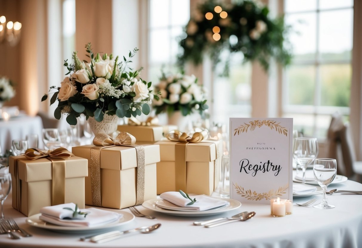 An elegantly decorated table with wedding gifts and a registry sign