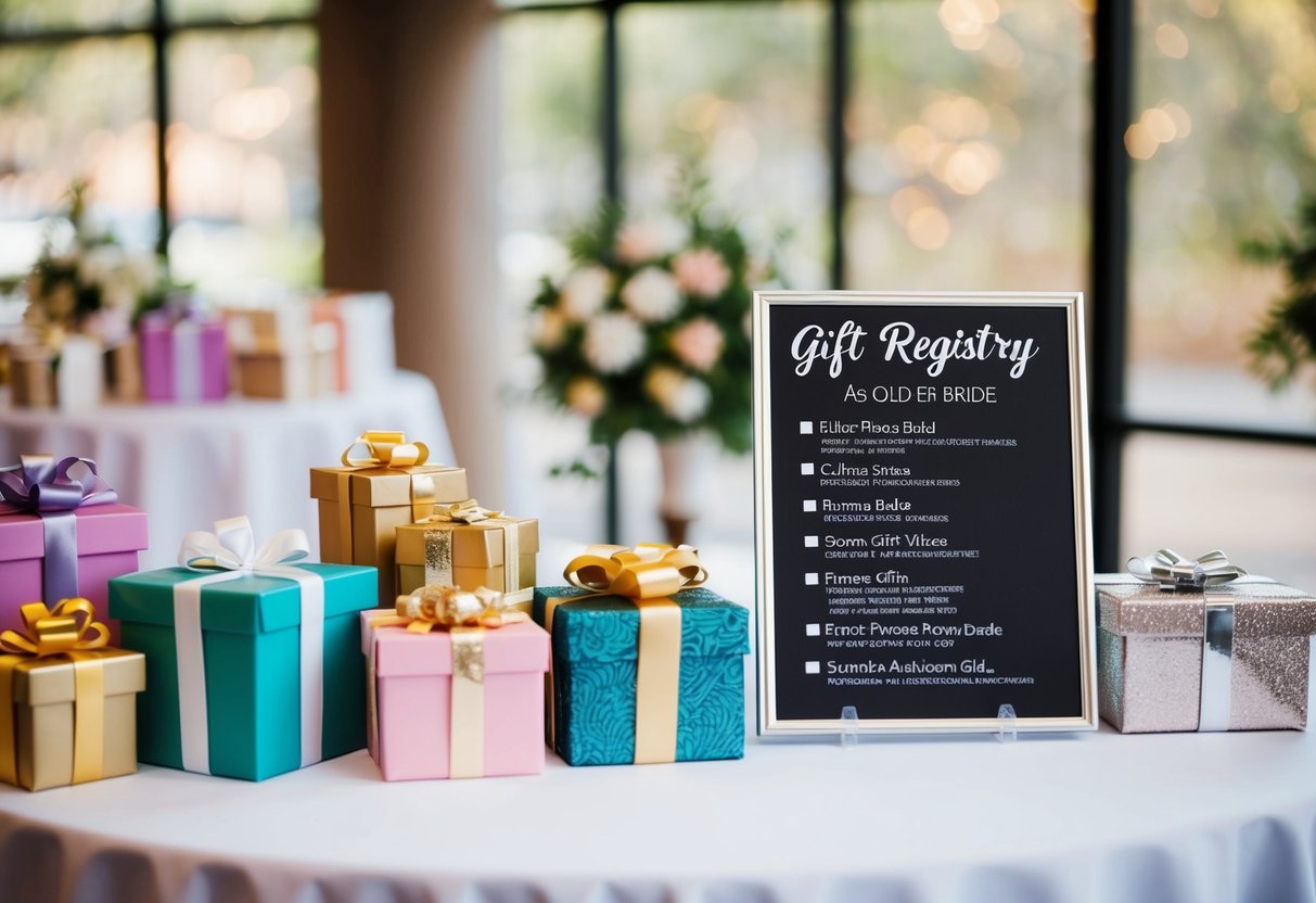 A table with various gift options displayed, along with a registry list and a sign indicating gift preferences for an older bride