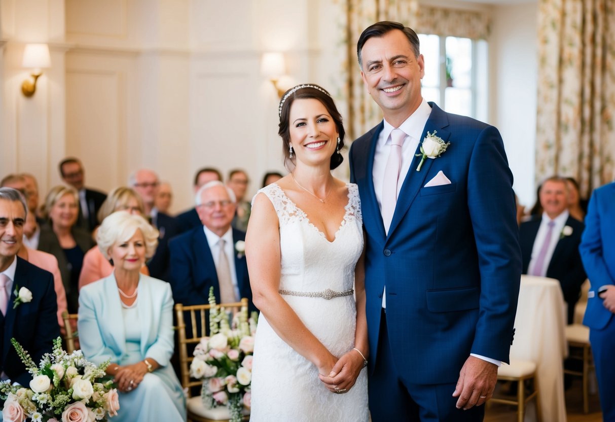 Parents stand together, smiling, as guests listen. Flowers adorn the room, and a microphone awaits their words