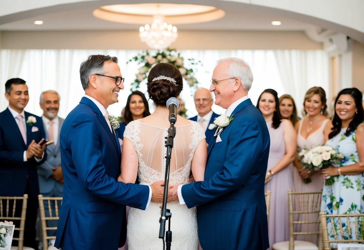 Parents stand together, facing the newlyweds, with a microphone in front of them. They are surrounded by smiling guests and a beautifully decorated wedding venue