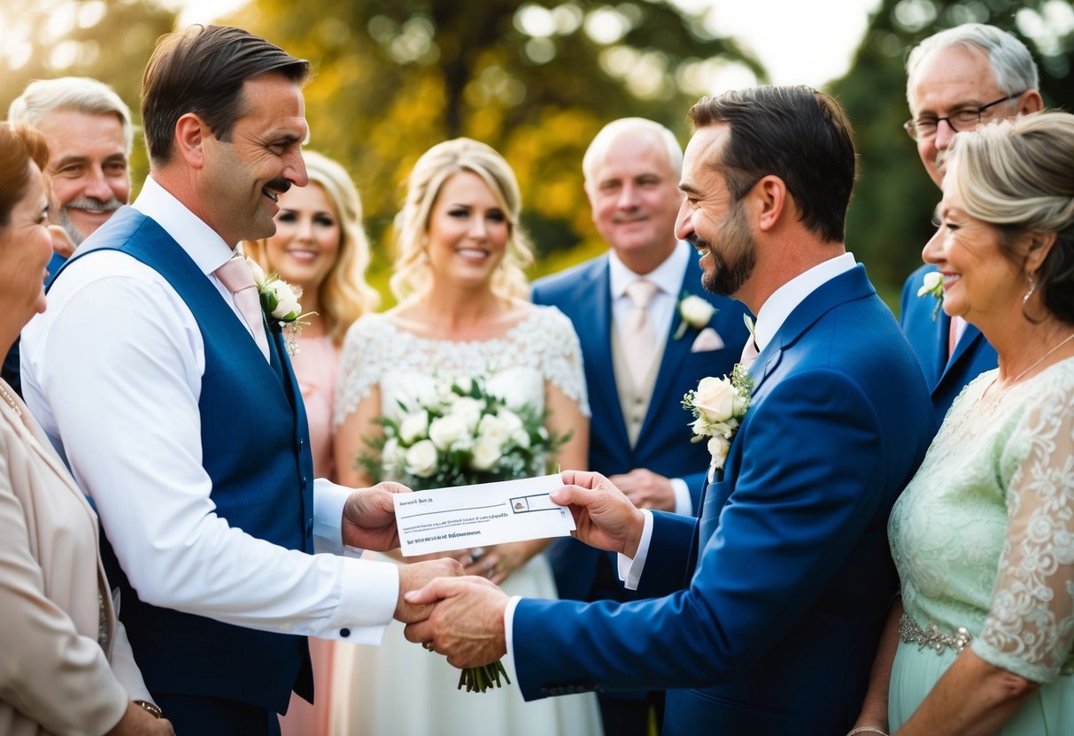 A father handing over a check to a groom, surrounded by family and friends, symbolizing the tradition of parents contributing to their son's wedding expenses