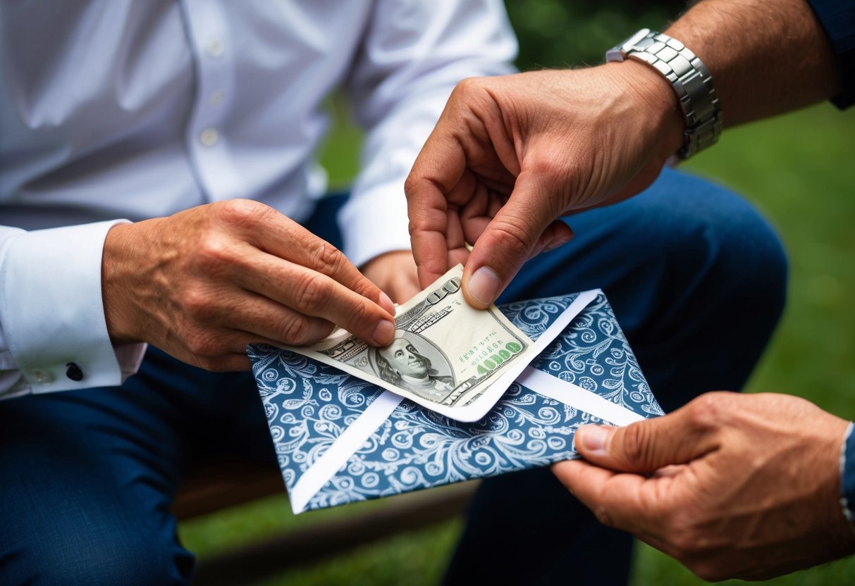 A parent placing cash into a decorative envelope for their son’s wedding gift