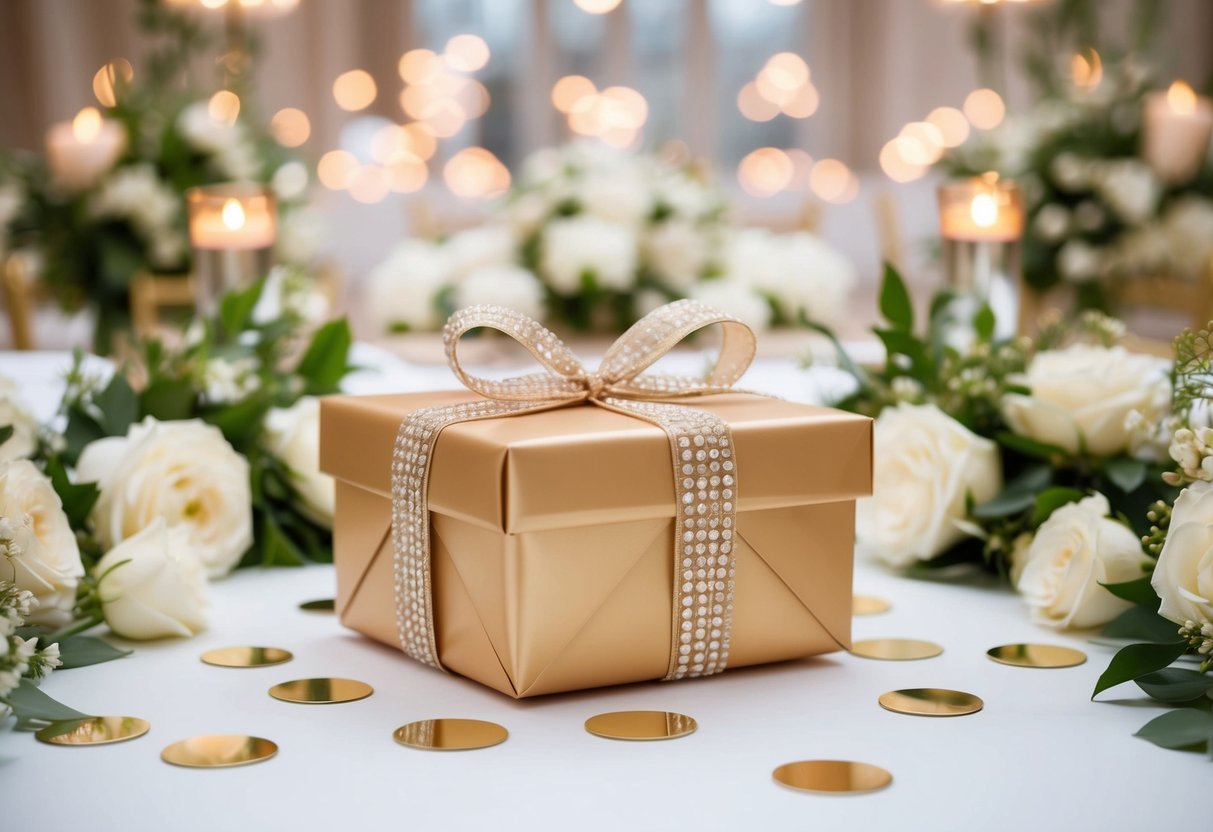 A beautifully wrapped gift box surrounded by elegant wedding decor and flowers