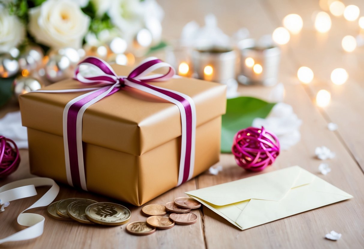 A beautifully wrapped gift box surrounded by wedding decor and a money envelope
