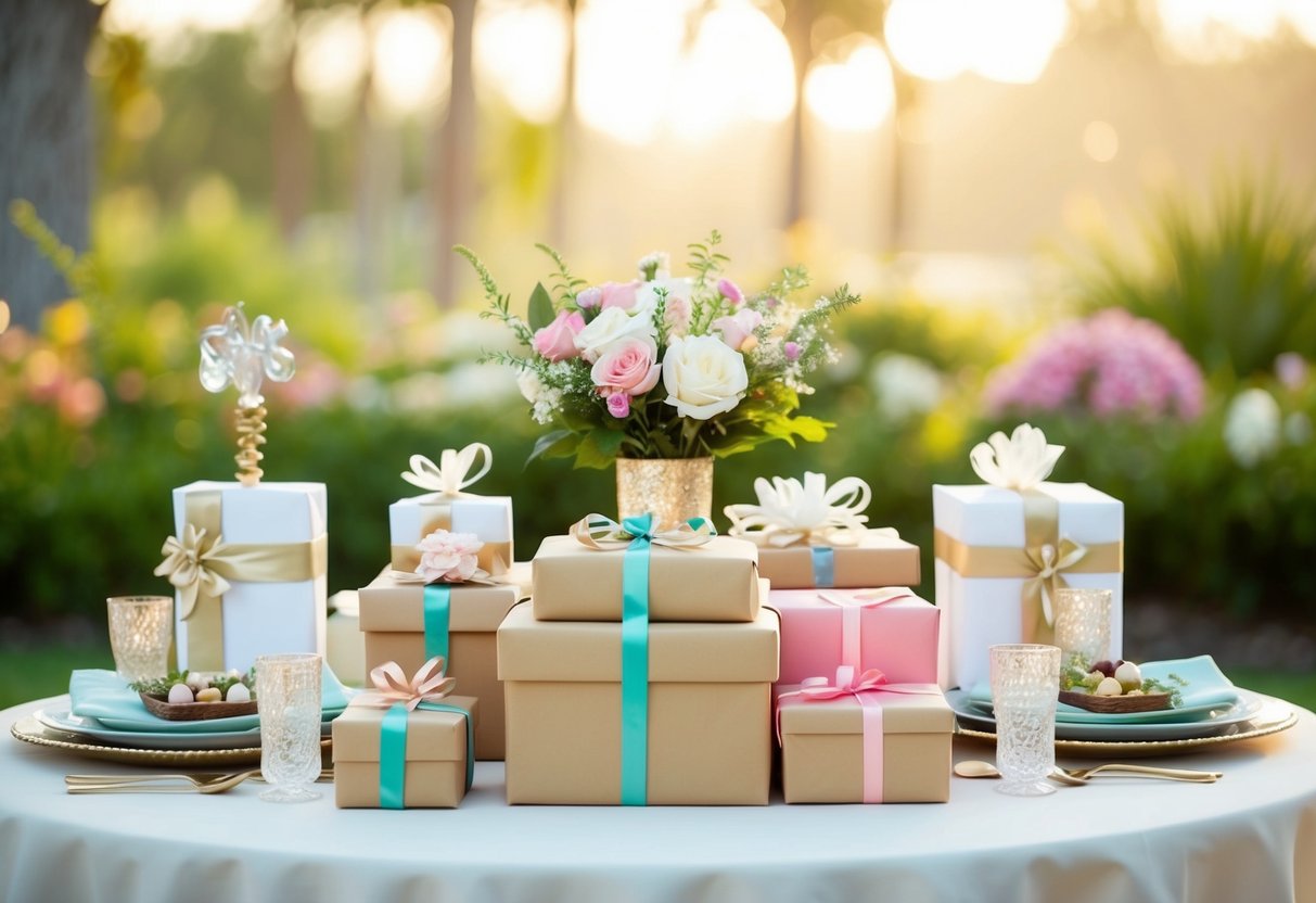 A table set with wrapped gifts, flowers, and decorative items for a bridal shower