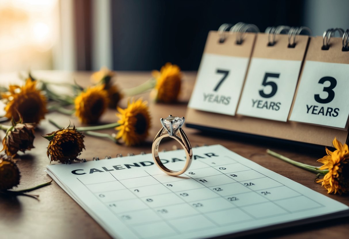 A ring sitting on a table, surrounded by wilted flowers and a calendar with three years crossed off