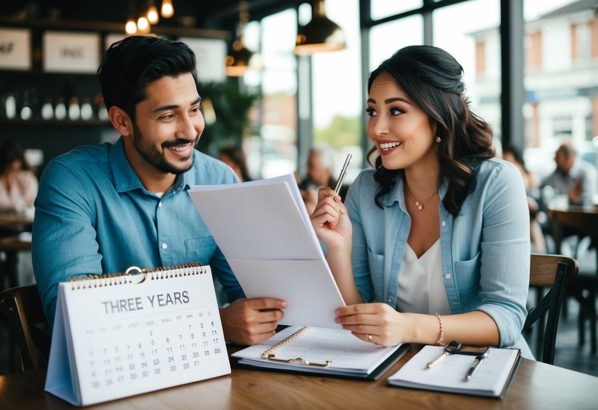 A couple sitting at a cafe, one looking excitedly at a wedding planner while the other seems hesitant, surrounded by a calendar marking three years