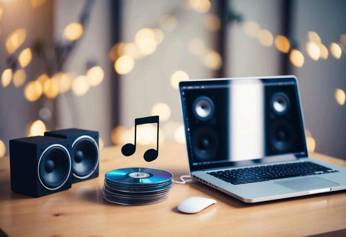A table with a laptop, speakers, and a stack of CDs. A musical note symbolizes the prelude playlist for a wedding