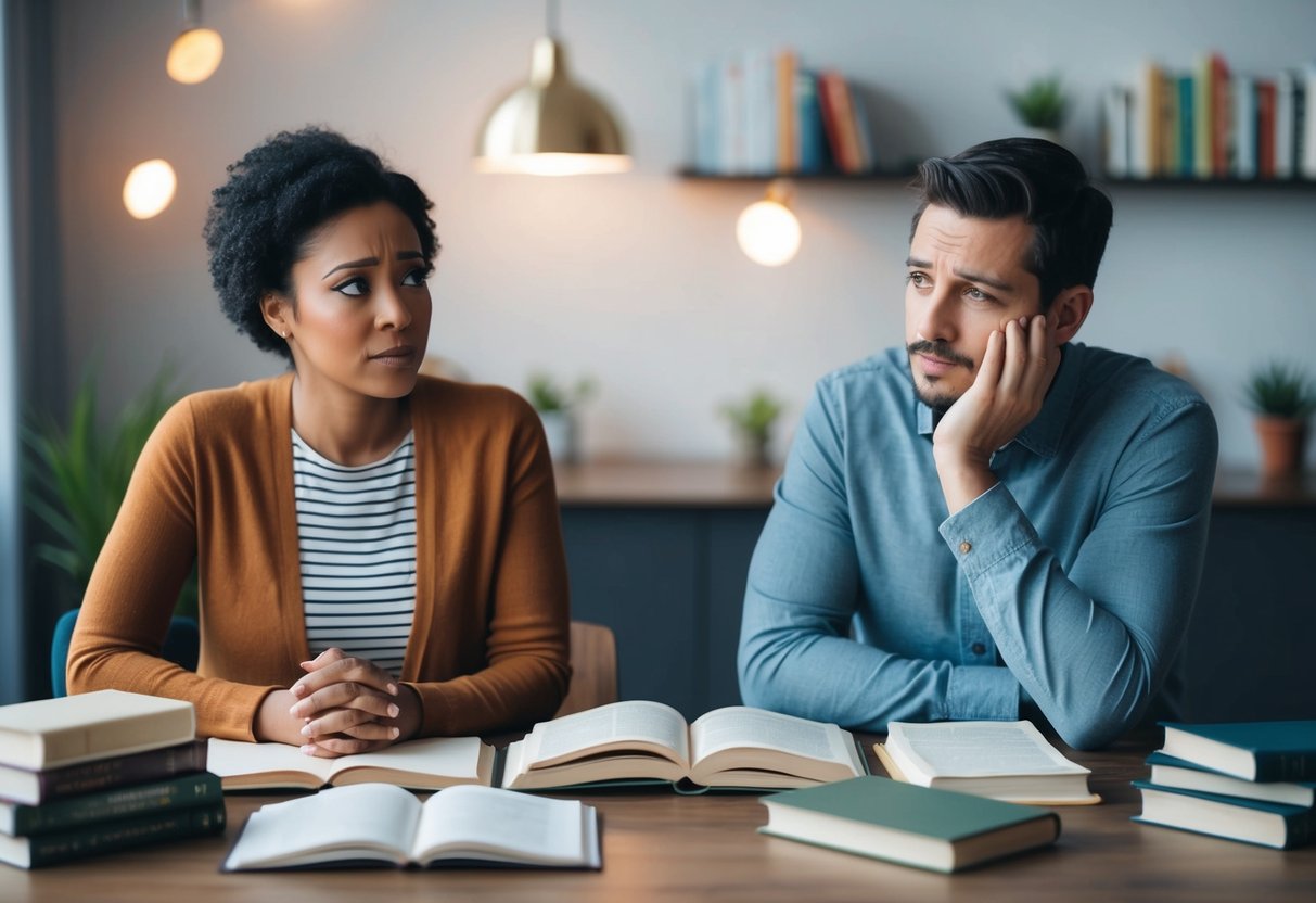 A couple sitting at a table, one with a concerned expression, the other with a contemplative look, surrounded by books and articles on marriage and relationships