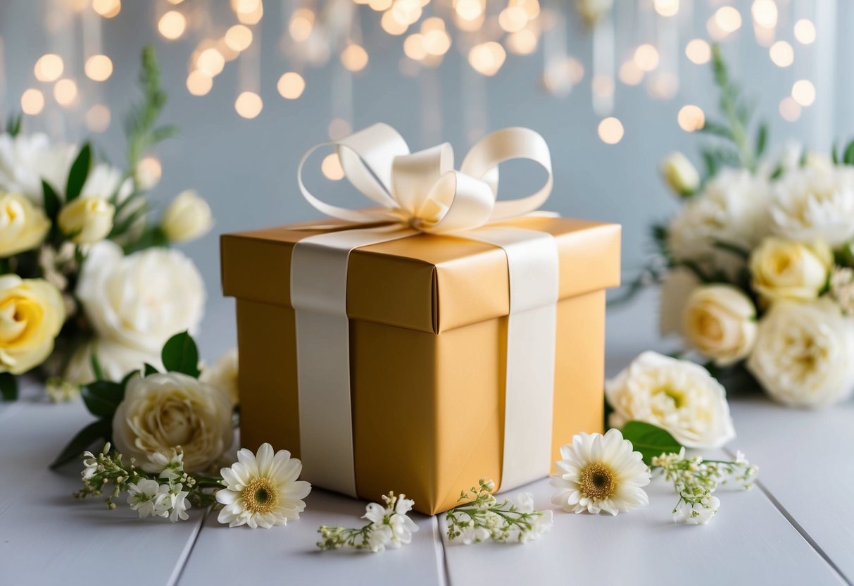 A beautifully wrapped gift box with a ribbon, surrounded by elegant wedding decor and flowers