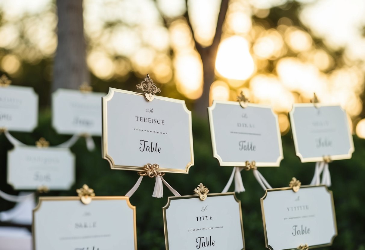 A beautifully designed seating chart with elegant labels for each table