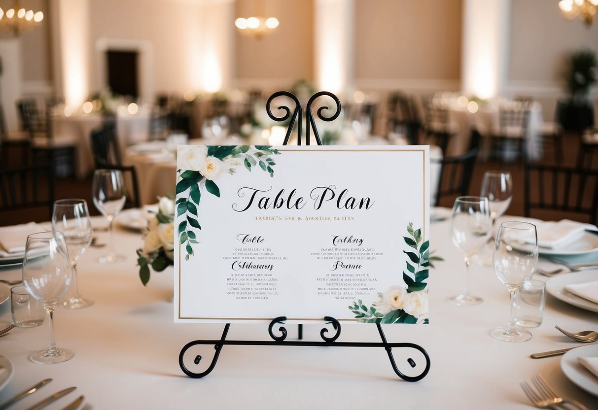 A wedding table plan with elegant, labeled tables arranged in a ballroom setting