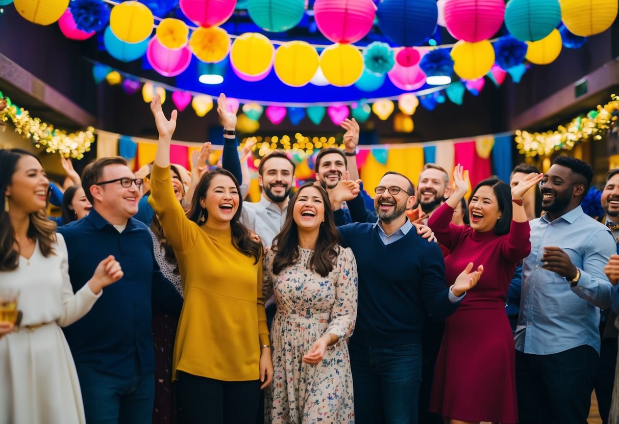 A group of people gathered in a joyous, non-religious celebration with colorful decorations and lively music
