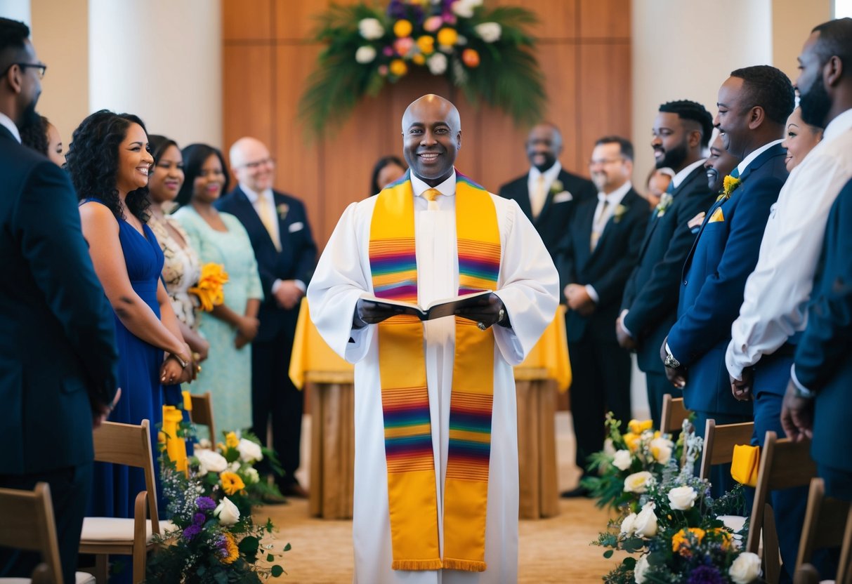 A celebrant stands at the center of a diverse group, leading a ceremony with warmth and inclusivity. Their presence exudes respect and understanding for all beliefs and backgrounds