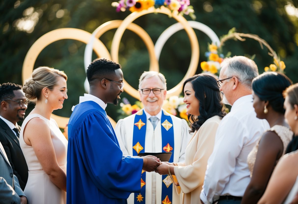 A celebrant officiates a non-religious ceremony, surrounded by diverse symbols of unity and love