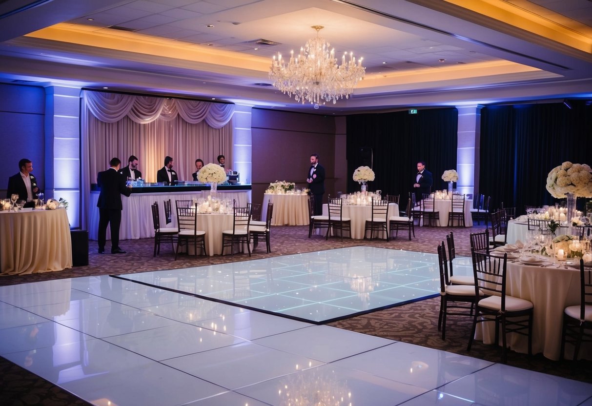 A wedding reception timeline: a beautifully decorated venue with tables, chairs, and a dance floor. A DJ booth or live band setting up, and a bar area with bartenders preparing drinks