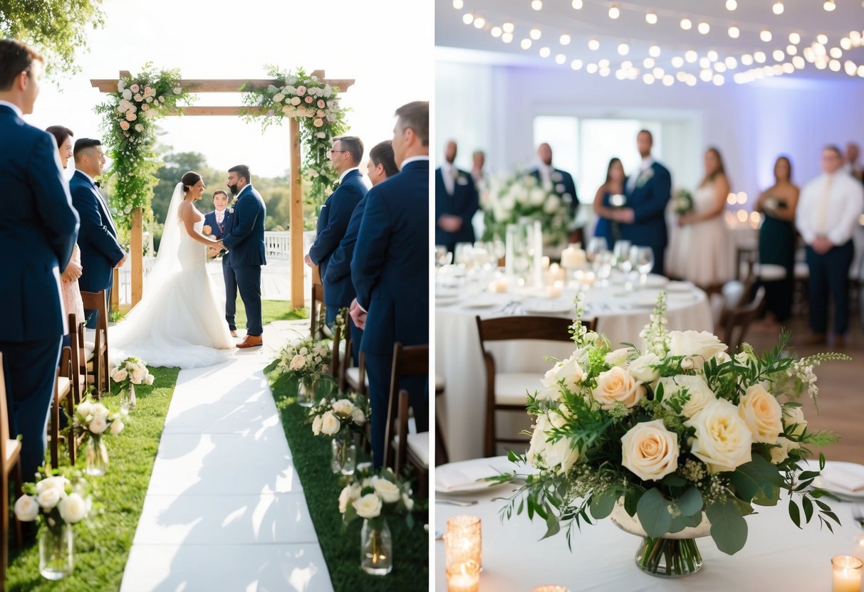 A sunlit outdoor wedding ceremony transitions to an elegant indoor reception space, adorned with flowers and twinkling lights