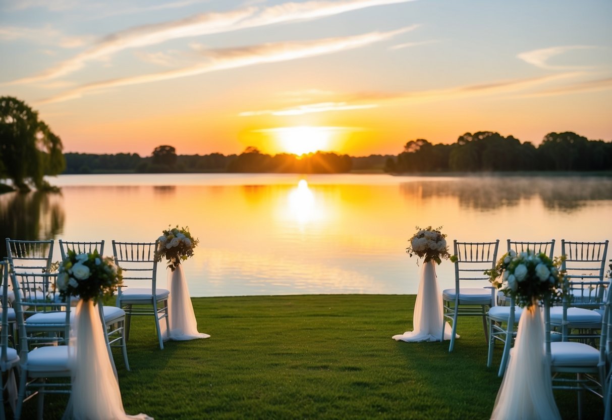 A golden sunset over a tranquil outdoor wedding venue, with elegant decorations and a romantic ambiance