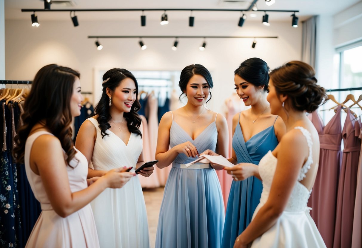 A group of bridesmaids standing in a boutique, trying on dresses and discussing payment with the bride